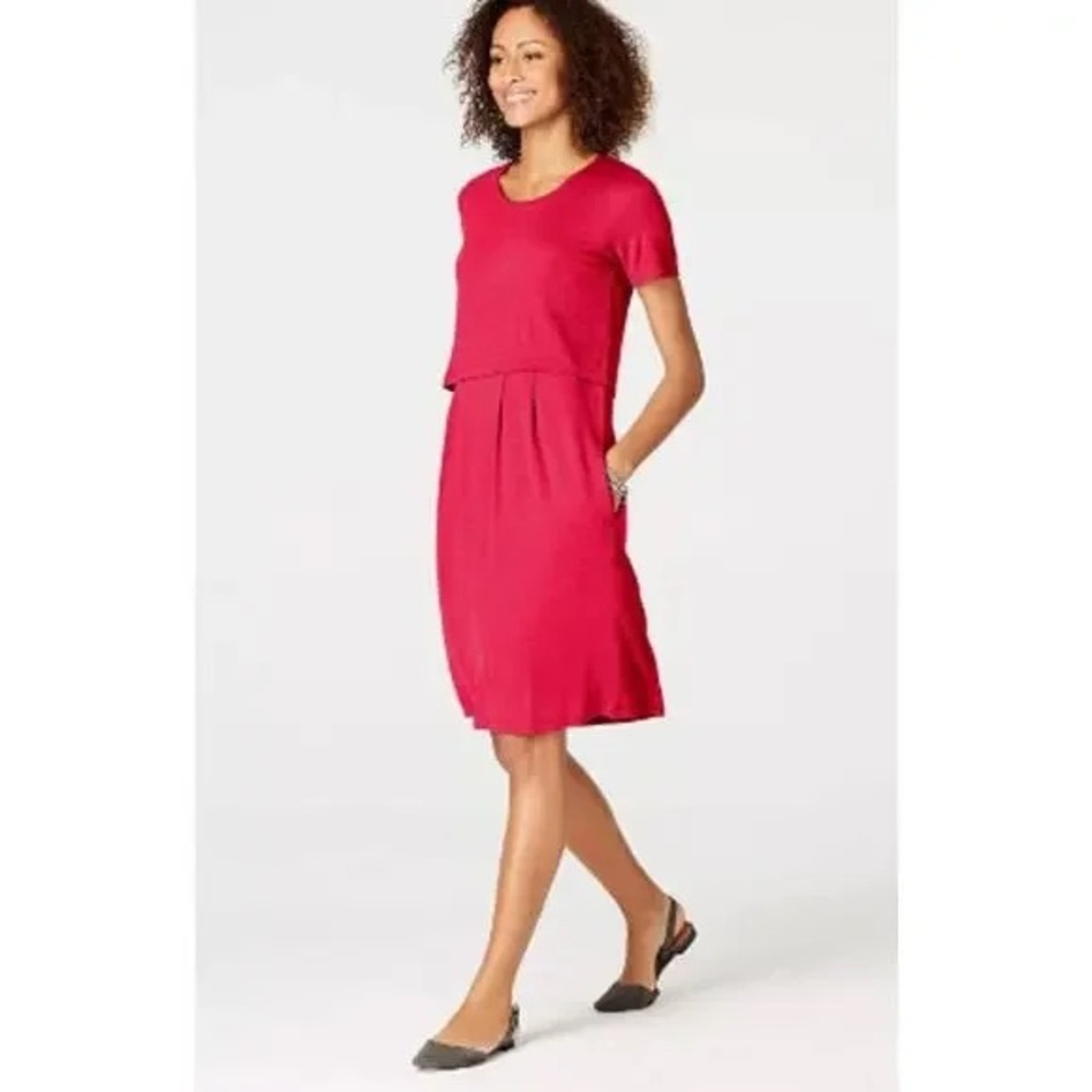 J. Jill Sangria Red Layered Knit Jersey Dress With Back Buttons, Size Large Tall
